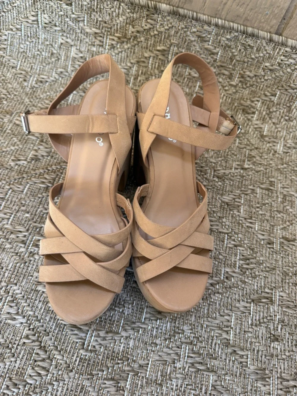 Bamboo Beige Buckle Block Sandals for Women Faux Suede Strappy (Size 6) Nude